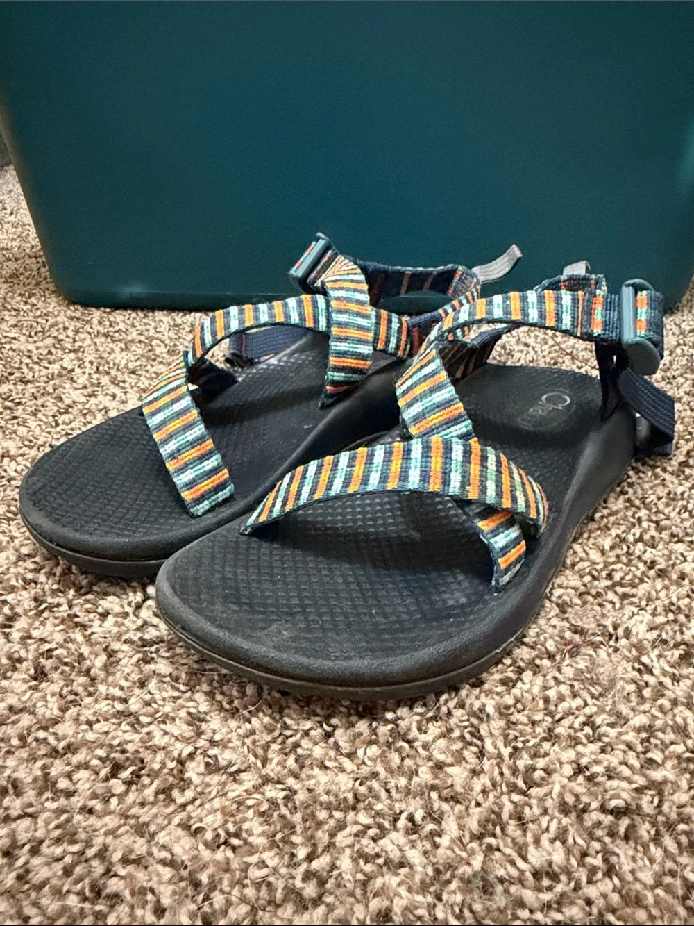 Chaco Kids Black Sandals with Striped Multicolor Webbing